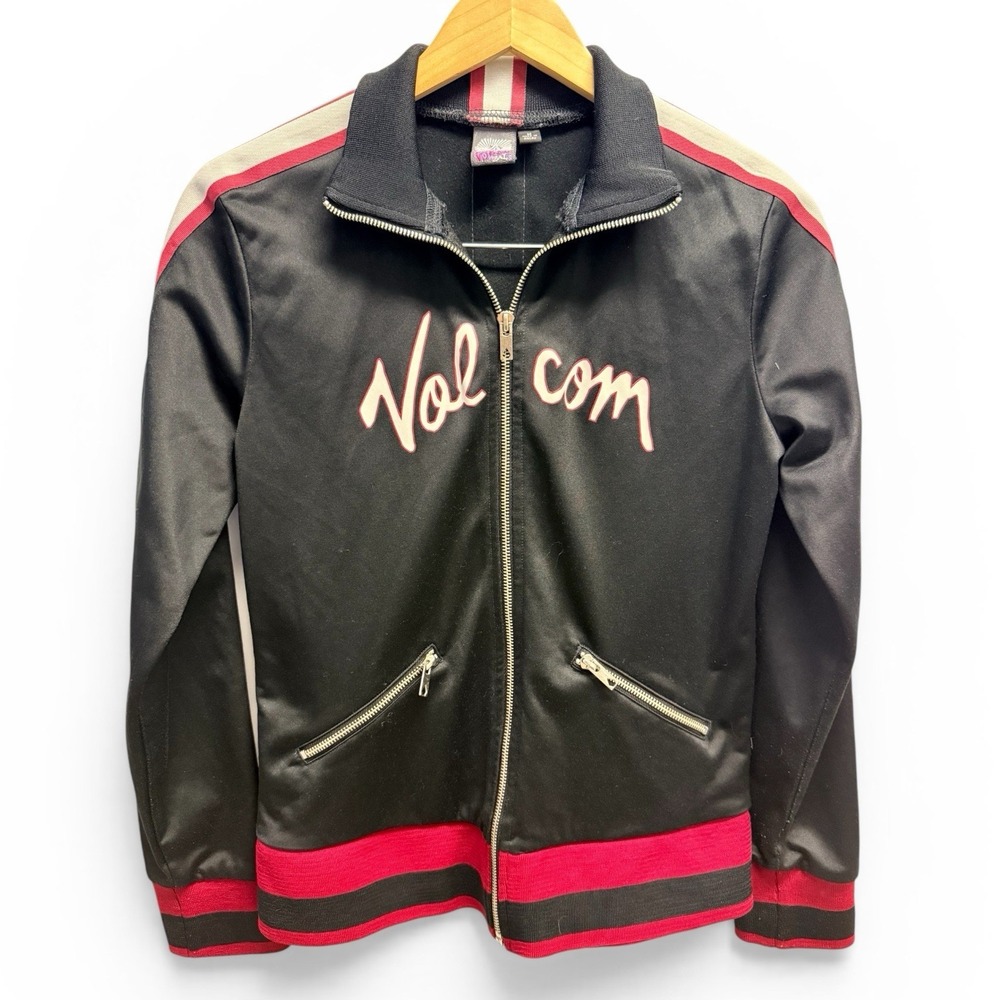 Volcom VTG Men's Striped Track Jacket Zip Stand Collar Black Red White Size S